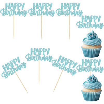 Gyufise 24Pcs Happy Birthday Cupcake Toppers Glitter Birthday Cupcake Food Picks for Celebrating Happy Birthday Party Cake Decorations Supplies Light Blue