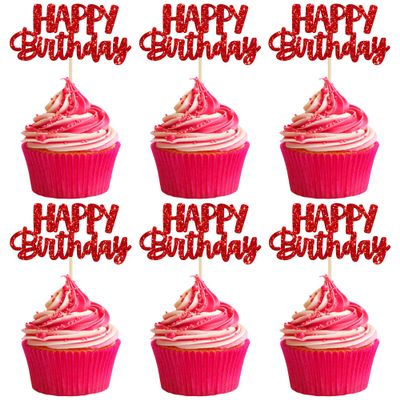 Gyufise 24pcs Happy Birthday Cupcake Toppers - Glitter Cupcake Food Picks for Celebrating Theme Party Cake Decorations - Red