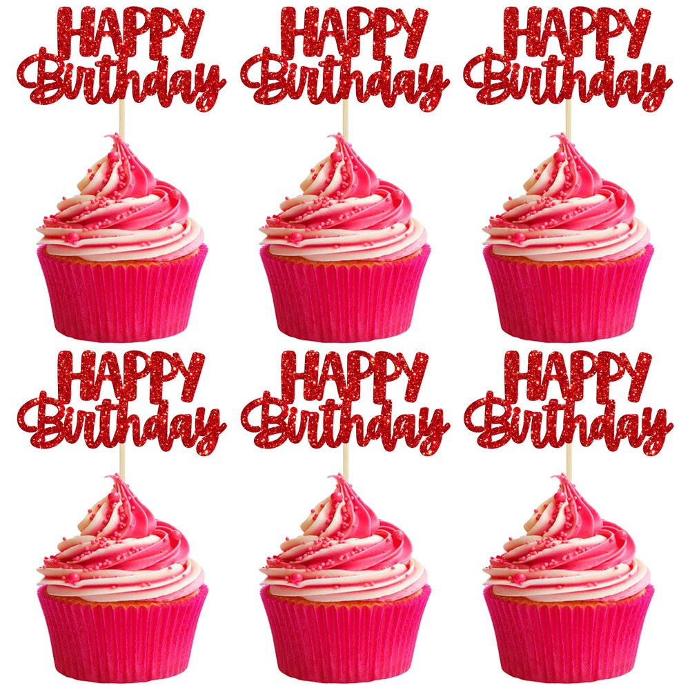 Gyufise 24pcs Happy Birthday Cupcake Toppers - Glitter Cupcake Food Picks for Celebrating Theme Party Cake Decorations - Red