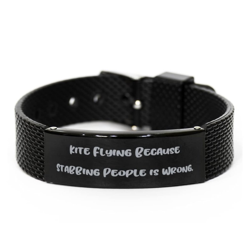 Inspire Kite Flying Black Shark Mesh Bracelet, Kite Flying Because, for Friends, Present from, Engraved Bracelet for Kite Flying