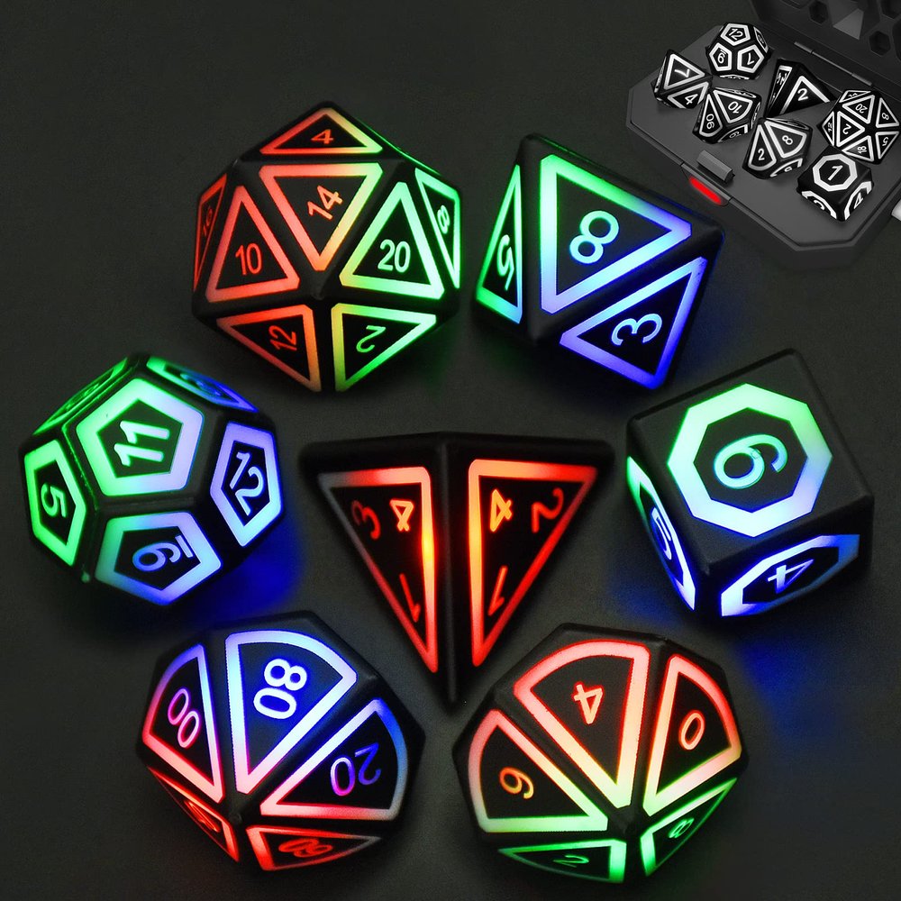 HTPOW Light up LED Dice Set of 7 USB Rechargeable Light Up DND Dice with Charging Box, Shake to Glowing Dice for Dungeons and Dragons Role Playing Dice Tabletop Games
