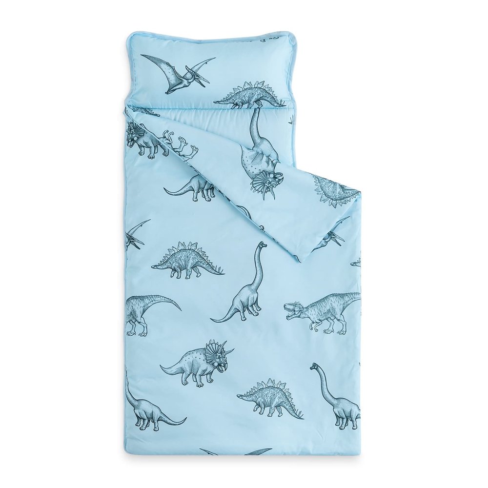 Wake In Cloud - Toddler Nap Mat with Pillow and Blanket, for Kids Boys Ages 3 Plus in Kindergarten Daycare Preschool, Roll Up Sleeping Bag, Jurassic Dinosaur Dino, Light Blue, Standard