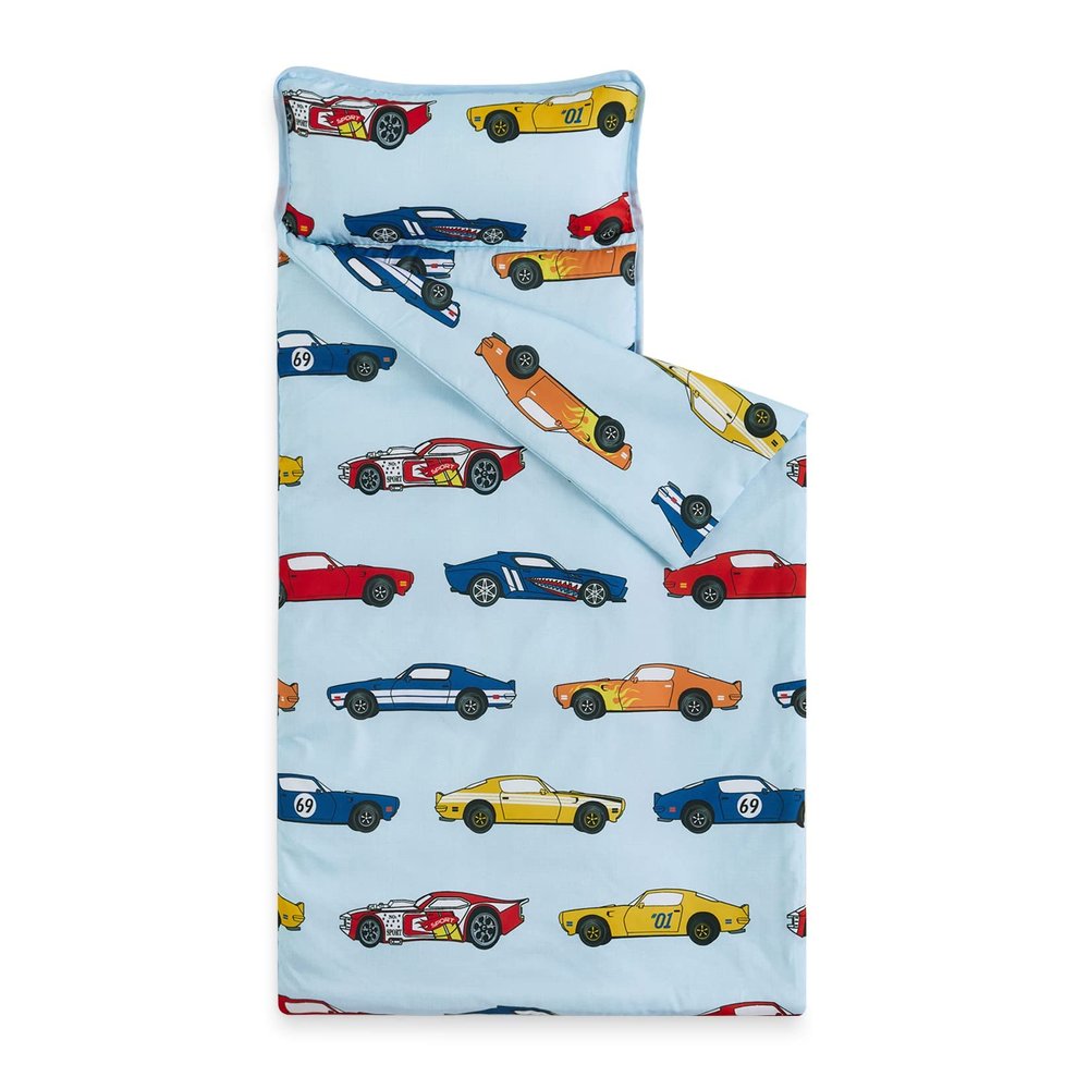Wake In Cloud - Toddler Nap Mat with Pillow and Blanket, for Kids Boys Ages 3 Plus in Kindergarten Daycare Preschool, Roll Up Sleeping Bag, Race Cars Vehicles, Light Blue, Standard
