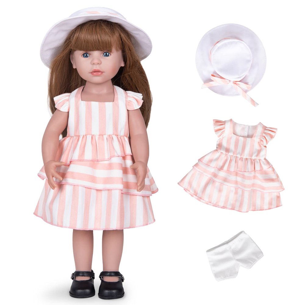 Rakki Dolli Doll Clothes & Accessories 3-Piece Set - Includes Pink & Beige Striped Skirt, Hat & White Underwear - Fashionable Skirt Dress Set for Baby Dolls (No Doll & Shoes)