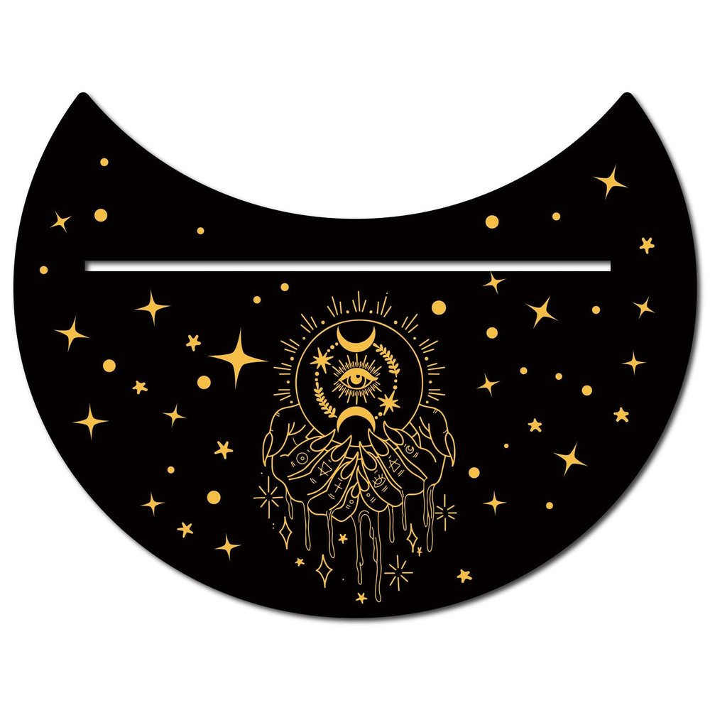 GORGECRAFT 5 x 4 Inch Wooden Tarot Card Stand Black Moon Shaped Tarot Card Altar Display Holder for Witch Divination Tools Tarot Decor Wiccan Supplies, Hands and Evil Eye