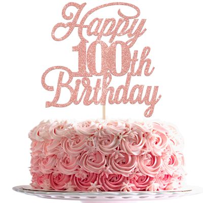 Rsstarxi 1 Pack Happy 100th Birthday Cake Topper Glitter 100 & Fabulous Cheers to 100 Years Old Cake Pick for 100th Birthday Anniversary Party Cake Decorations Supplies Rose Gold