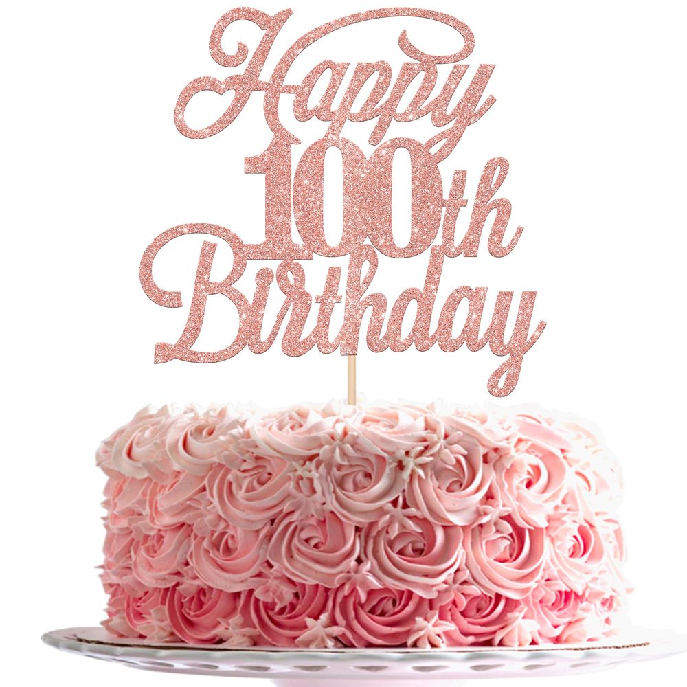 Rsstarxi 1 Pack Happy 100th Birthday Cake Topper Glitter 100 & Fabulous Cheers to 100 Years Old Cake Pick for 100th Birthday Anniversary Party Cake Decorations Supplies Rose Gold