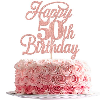 Rsstarxi 1 Pack Happy 50th Birthday Cake Topper Glitter 50 & Fabulous Cheers to 50 Years Old 50th Birthday Cake Pick for Celebrating 50th Birthday Anniversary Party Cake Decorations Supplies Rose Gold