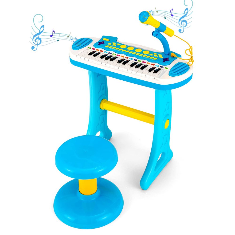 GLACER 31-Key Kids Piano Keyboard Toy with Stool, Portable Toddler Electronic Musical Instrument w/ Adjustable Microphone, Record Playback Functions, Light Effects, Gift for Girls Boys Age 3+