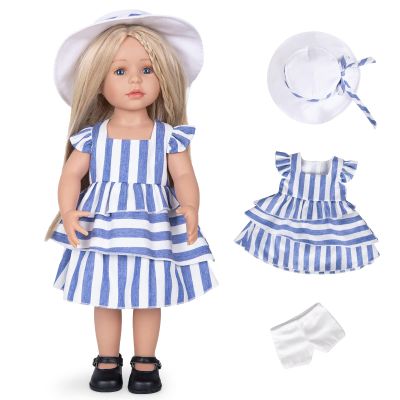 Rakki Dolli Doll Clothes and Accessories 3 Pc. Set Includes 1PC Blue and White Stripes Skirt, 1PC Hat, 1PC White Underwear, Fashionable Skirt Dress Set for Baby Dolls (Without Doll & Shoes)
