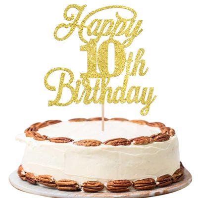 Rsstarxi 1 Pack Happy 10th Birthday Cake Topper Glitter 10 & Fabulous Cheers to 10 Years Old Birthday Cake Pick for Celebrating 10th Birthday Anniversary Party Cake Decorations Supplies Gold