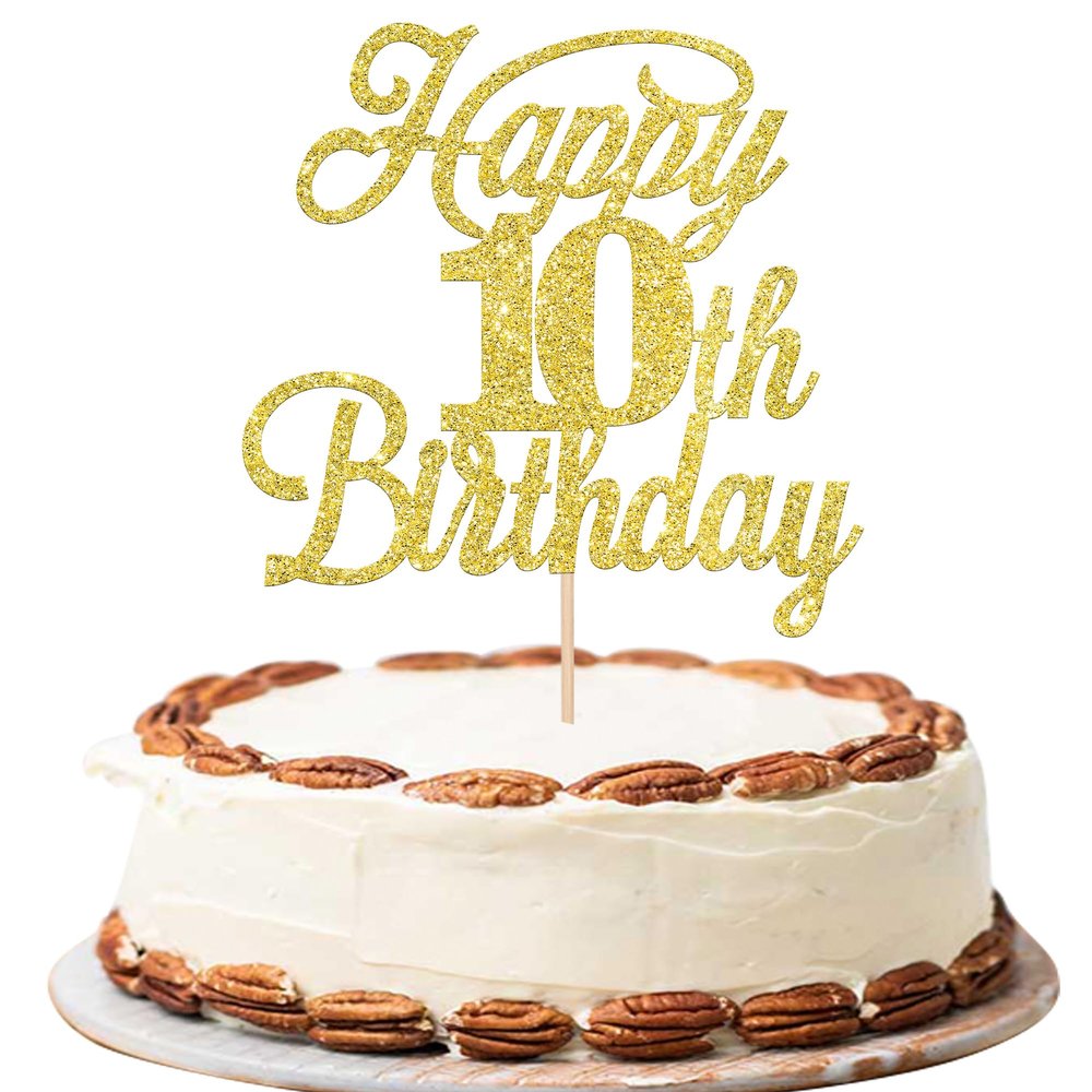 Rsstarxi 1 Pack Happy 10th Birthday Cake Topper Glitter 10 & Fabulous Cheers to 10 Years Old Birthday Cake Pick for Celebrating 10th Birthday Anniversary Party Cake Decorations Supplies Gold
