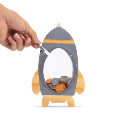 Zeekisfia Personalized Rocket Shape Piggy Bank Custom Name Money Jar Wooden Money Box Storage Tank Coin Bank Toy Gifts Saving Jar