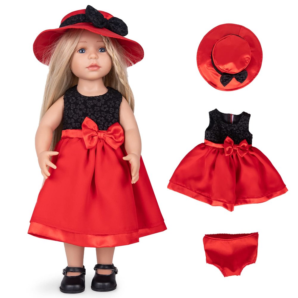 Rakki Dolli Doll Clothes & Accessories 3-Piece Set - Includes Black & Red Skirt, Red Hat, Underwear - Fashionable Skirt Dress Set for Baby Dolls (No Doll & Shoes)