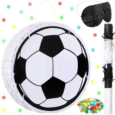Sratte Soccer Piata with Stick Blindfold and Confetti,Soccer Ball Piata for Kids Birthday Decoration Sport Themed Party Supplies,11.8 x 11.8 x 3 Inch