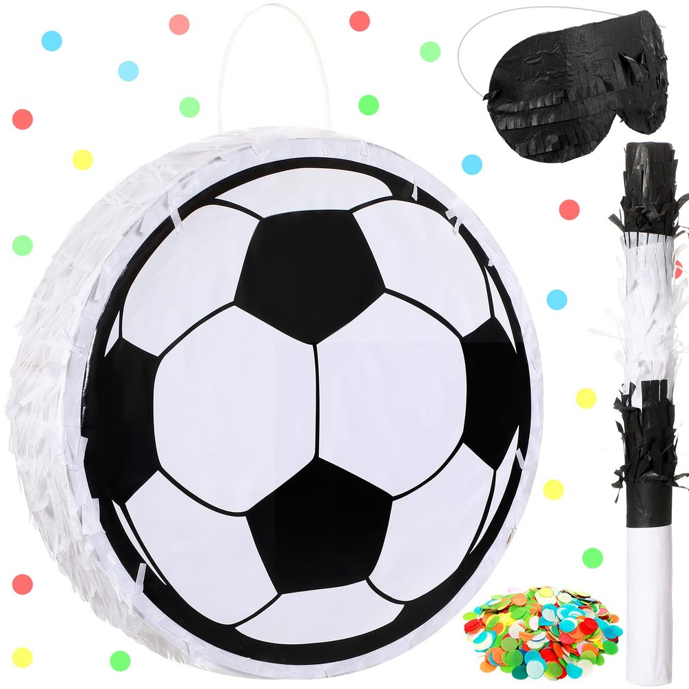 Sratte Soccer Piata with Stick Blindfold and Confetti,Soccer Ball Piata for Kids Birthday Decoration Sport Themed Party Supplies,11.8 x 11.8 x 3 Inch