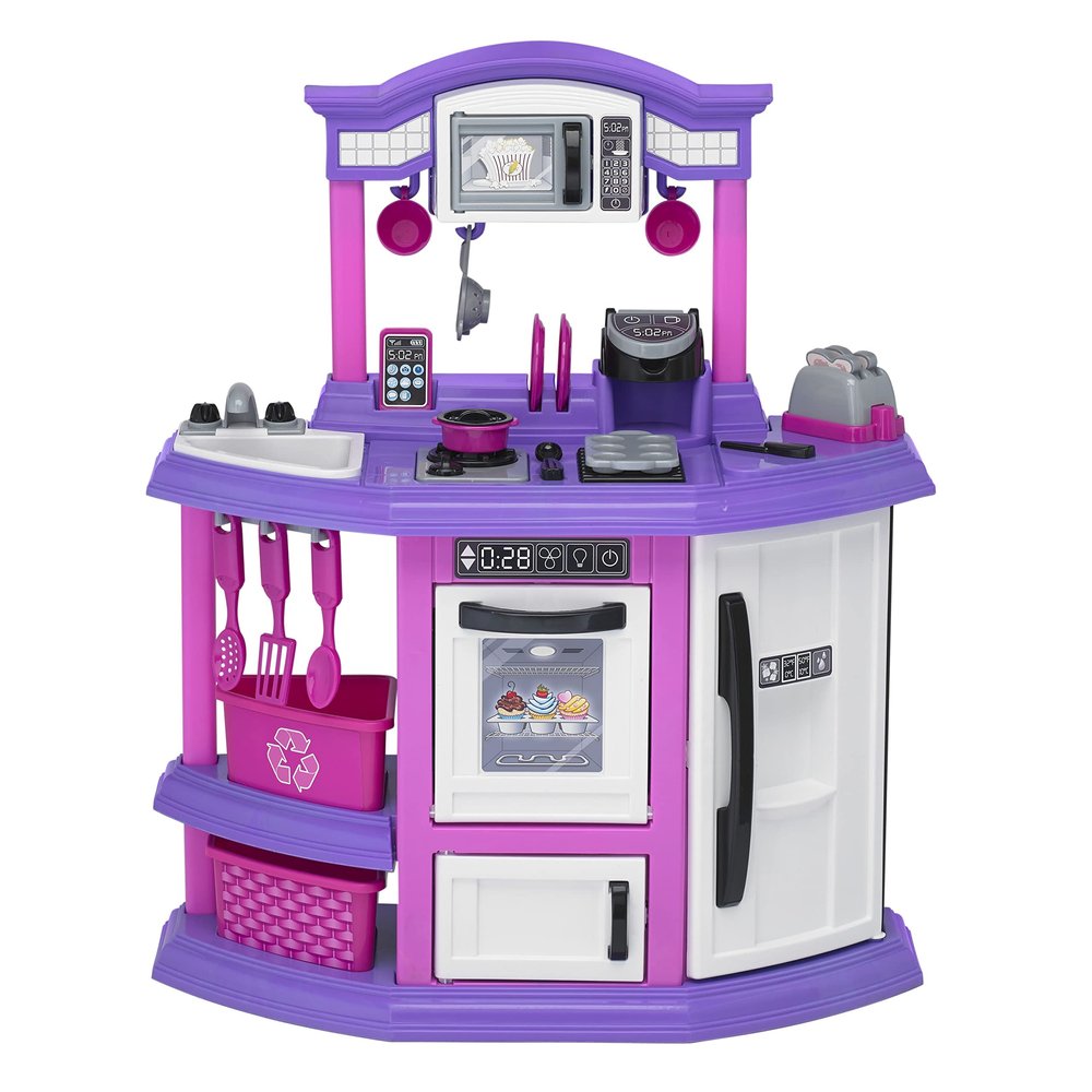 American Plastic Toys Bakers Kitchen Playset, Realistic Light-Up Burner with Fun Boiling Sounds, 22 Play Kitchen Accessories, Chef Role Play Encourages Imagination, Ages 3+ (11711)