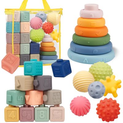 Montessori Toys for Babies,Soft Stacking Building Blocks Rings Balls Sets,3 in 1 Baby Toy Bundle,Sensory Toy for Kids, Soft Teething Toys for Babies,Baby Gifts for Boy Girl