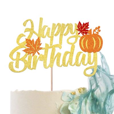 1 Pack Happy Birthday Cake Topper Thanksgiving Day Cake Pick Autumn Fall Maple Leave Pumpkin Cheers Birthday Cake Decorations Thanksgiving day Kids Birthday Baby Shower Cupcake Decoration Gold