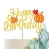 1 Pack Happy Birthday Cake Topper Thanksgiving Day Cake Pick Autumn Fall Maple Leave Pumpkin Cheers Birthday Cake Decorations Thanksgiving day Kids Birthday Baby Shower Cupcake Decoration Gold view 1