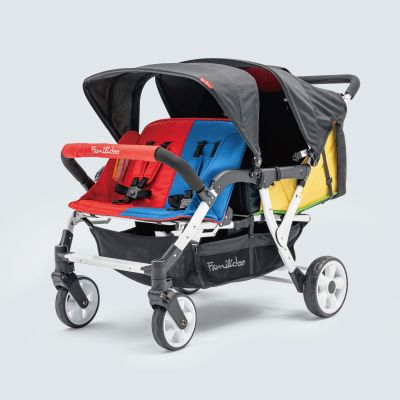 Familidoo H4E Quad Stroller Wagon for Kids, 4-Seater Daycare Baby Stroller with 5-Point Safety Harness, Lightweight & Foldable with All Reclining Seats, Double Canopy & Rain Cover All-Terrain Wheels