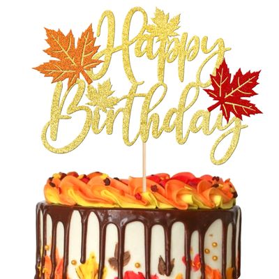 1 PCS Maple Leaf Happy Birthday Cake Topper Glitter Fall Autumn Harvest Theme Cake Pick for Thanksgiving Day Theme Birthday Party Cake Decorations Supplies