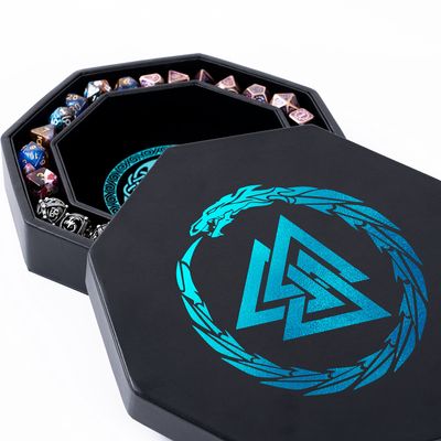 Soar Forge Dice Tray for DND and RPG - Beautiful Cerulean Blue Valknut and Dragon 9 Inch Rolling Tray Compatible with Dungeons and Dragons and Tabletop RPGs - Box Storage to Protect Dice