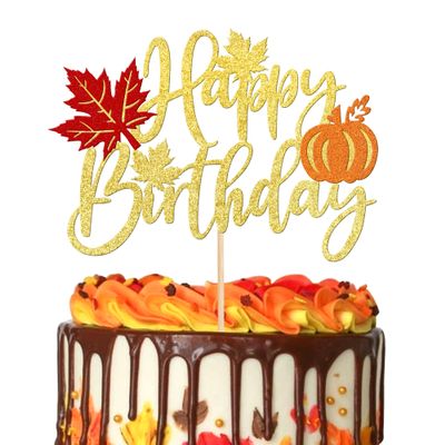 1 PCS Pumpkin Happy Birthday Cake Topper Glitter Maple Leaf Fall Autumn Theme Cake Pick Happy Thanksgiving Cake Decoration for Thanksgiving Day Theme Birthday Party Decorations Supplies