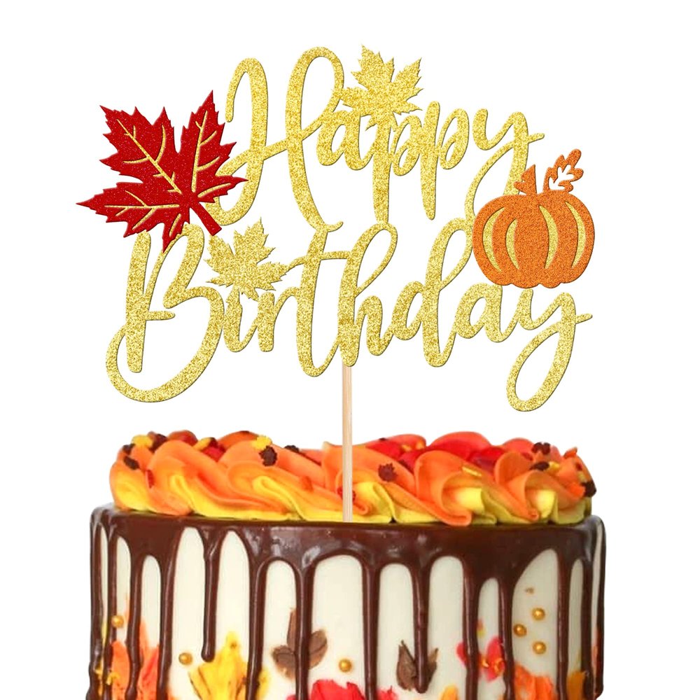 1 PCS Pumpkin Happy Birthday Cake Topper Glitter Maple Leaf Fall Autumn Theme Cake Pick Happy Thanksgiving Cake Decoration for Thanksgiving Day Theme Birthday Party Decorations Supplies