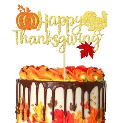 1 PCS Happy Thanksgiving Cake Topper with Maple Leaf Turkey Pumpkin Fall Theme Cake Pick for Thanksgiving Day Theme Party Cake Decorations Supplies