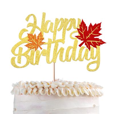 1 Pack Happy Birthday Cake Topper - Thanksgiving Day & Autumn Fall Maple Leaf Cheers Cake Decorations - Gold