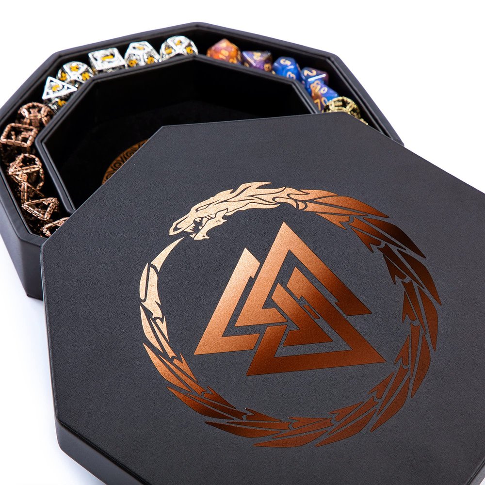 Soar Forge Dice Tray for DND and RPG - Beautiful Copper Valknut and Dragon 9 Inch Rolling Tray Compatible with Dungeons and Dragons and Tabletop RPGs - Box Storage to Protect Dice