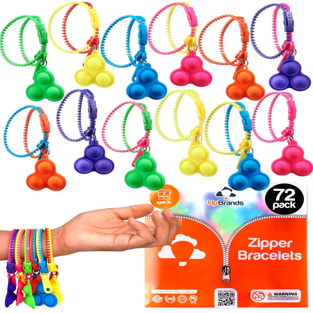 UpBrands 72 Fidget Party Favors for Kids Upgraded Zipper Pop-it Bracelets, ADHD Fidget Toys Poppers, Gifts for Kids Bulk Kit for Birthday Party, Easter Egg & Pinata Fillers