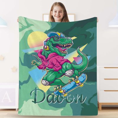Custom Dinosaur Blanket with Name,Personalized Cute Dino Fleece Throw Blanket Customized Swadding Blanket for Toddler Baby Boys Girls Christmas Birthday Gift,30" x 40"