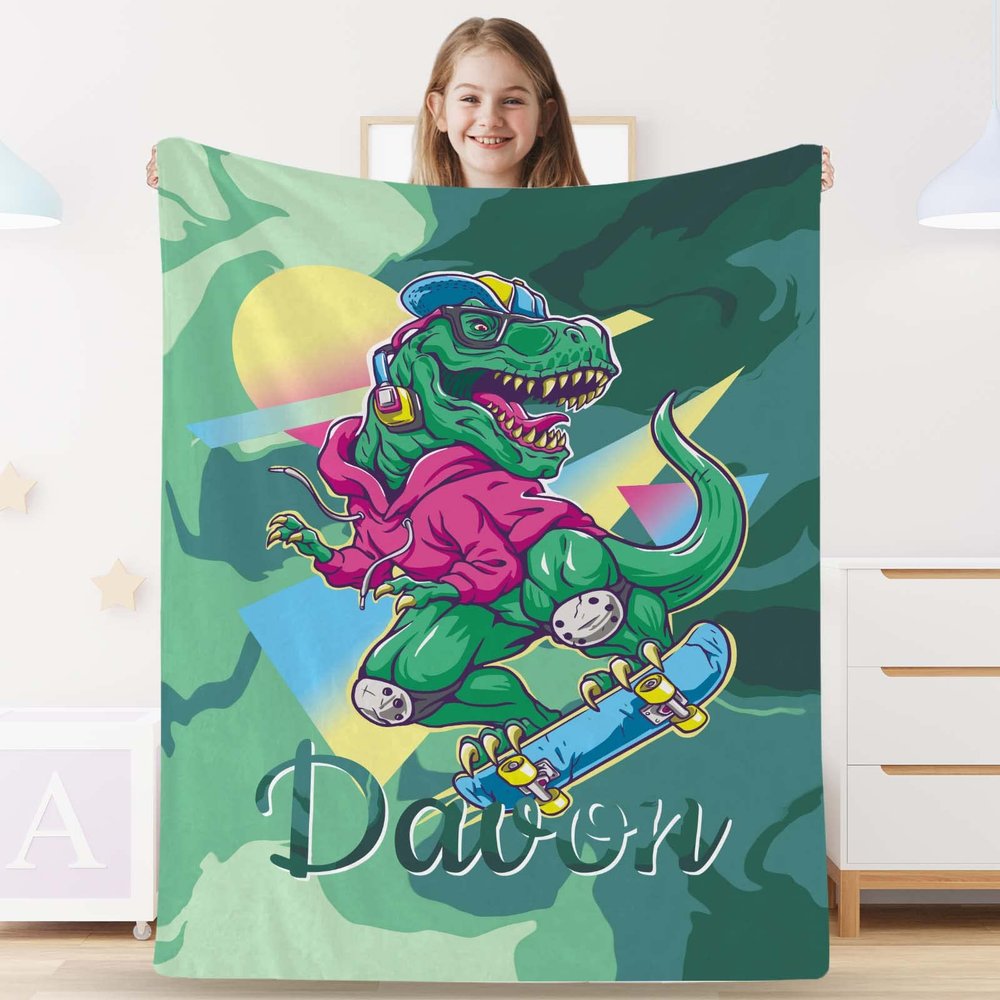 Custom Dinosaur Blanket with Name,Personalized Cute Dino Fleece Throw Blanket Customized Swadding Blanket for Toddler Baby Boys Girls Christmas Birthday Gift,30" x 40"