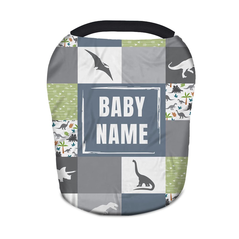 Personalized Baby Car Seat Covers with Name, Custom Nursing Cover Breastfeeding for Babies, Carseat Canopy for Boys and Girls, Infant Stroller Cover, Breathable Carseats Cover(Dinosaur Theme)