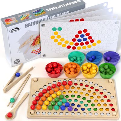 Toddler Wooden Learning Montessori Toys Wooden peg Board Bead Game Baby Rainbow Stacking Matching Counting Color Sorting Games for fine Motor Math Skills Boys and Girls for 3 4 5 Years Old