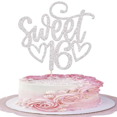 1 Pack Sweet Teenager 16 Cake Topper Glitter 16th Birthday Cake Pick for Cheers to 16 Years Old 16th Birthday Party Cake Decorations Supplies Sliver