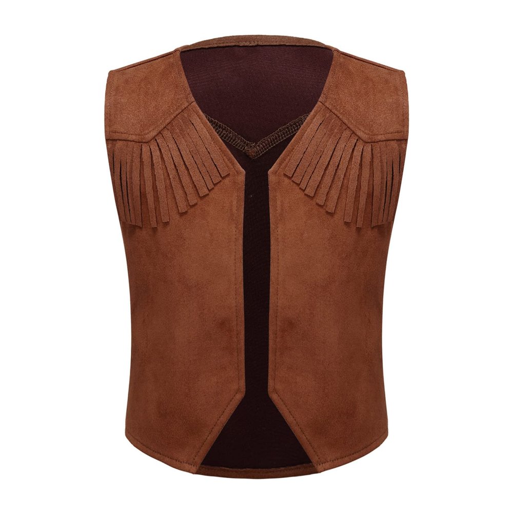 Aislor Boy's Cowboy Cowgirl Western Vest Open Front Fringed Waistcoat Top Jacket for Halloween Carnival Cosplay Brown 12 Years