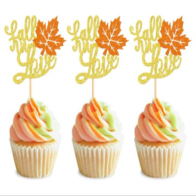 24Pcs Autumn Wedding Cupcake Toppers Fall in Love Cupcake Picks