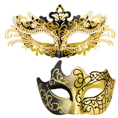 MYSEUNI Gold Masquerade Masks for Couples - Shiny Rhinestone Metal Filigree Venetian Mask & Mens Venetian Mask for Mardi Gras