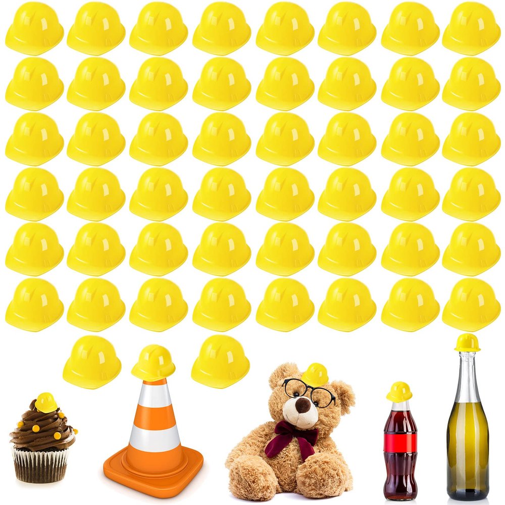 Sratte 50 Pcs Miniature Construction Hat Mini Construction Toy Doll Hats Plastic Miniature Bottle Topper for Party(Yellow)
