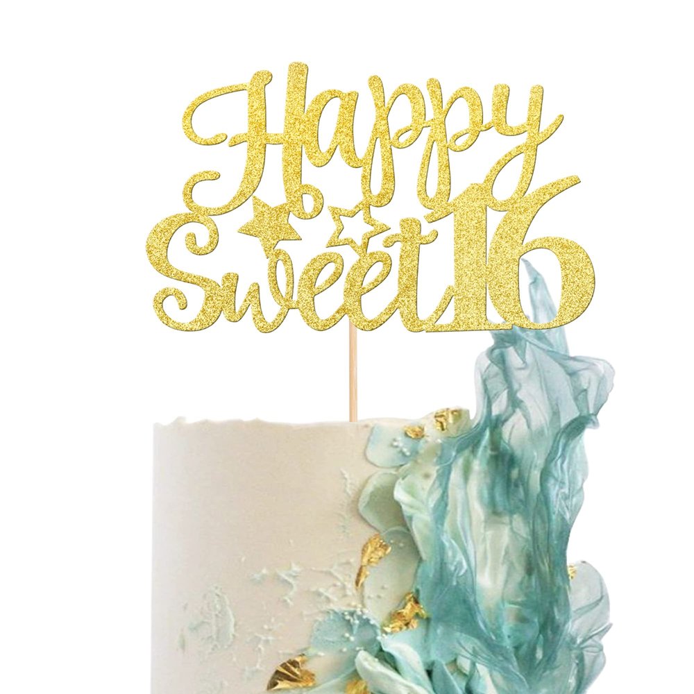 1 Pack Happy Sweet 16 Cake Topper Glitter 16th Birthday Cake Pick for Cheers to 16 Years Old 16th Birthday Party Cake Decorations Supplies Gold