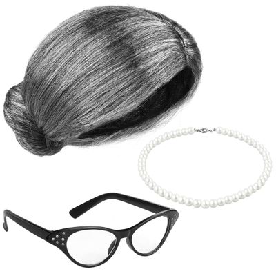 Cooraby 3 Piece Halloween Grey Wig Grandma Wig Glasses Artificial Pearl Necklace Fancy Granny Costume Set