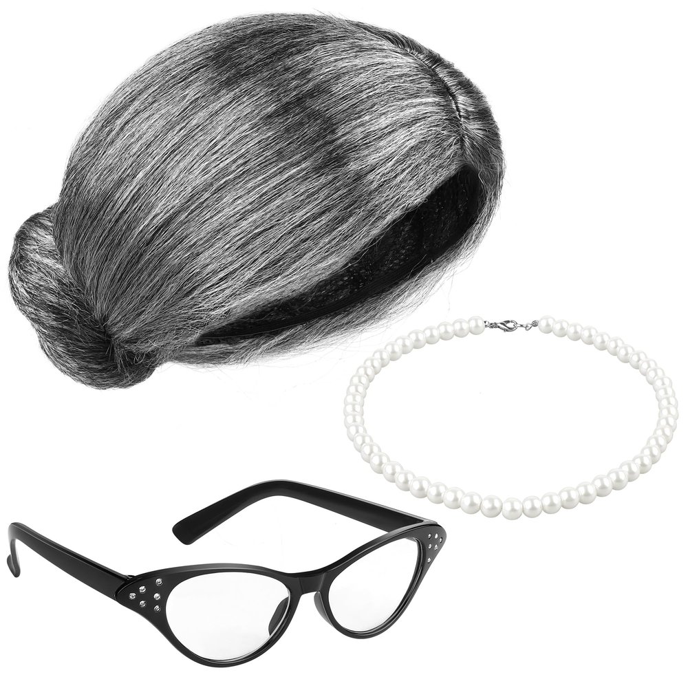 Cooraby 3 Piece Halloween Grey Wig Grandma Wig Glasses Artificial Pearl Necklace Fancy Granny Costume Set