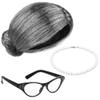 Cooraby 3 Piece Halloween Grey Wig Grandma Wig Glasses Artificial Pearl Necklace Fancy Granny Costume Set view 1