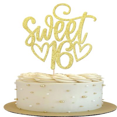 1 Pack Sweet Teenager 16 Cake Topper Glitter 16th Birthday Cake Pick for Cheers to 16 Years Old 16th Birthday Party Cake Decorations Supplies Gold