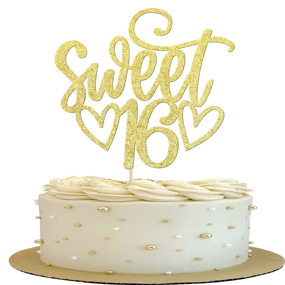 1 Pack Sweet Teenager 16 Cake Topper Glitter 16th Birthday Cake Pick for Cheers to 16 Years Old 16th Birthday Party Cake Decorations Supplies Gold