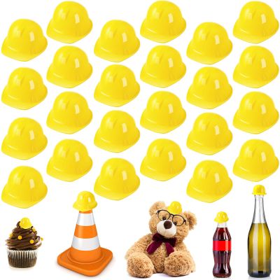 Sratte 25 Pcs Miniature Construction Hat Mini Construction Toy Doll Hats Plastic Miniature Bottle Topper Decor for Party(Yellow)