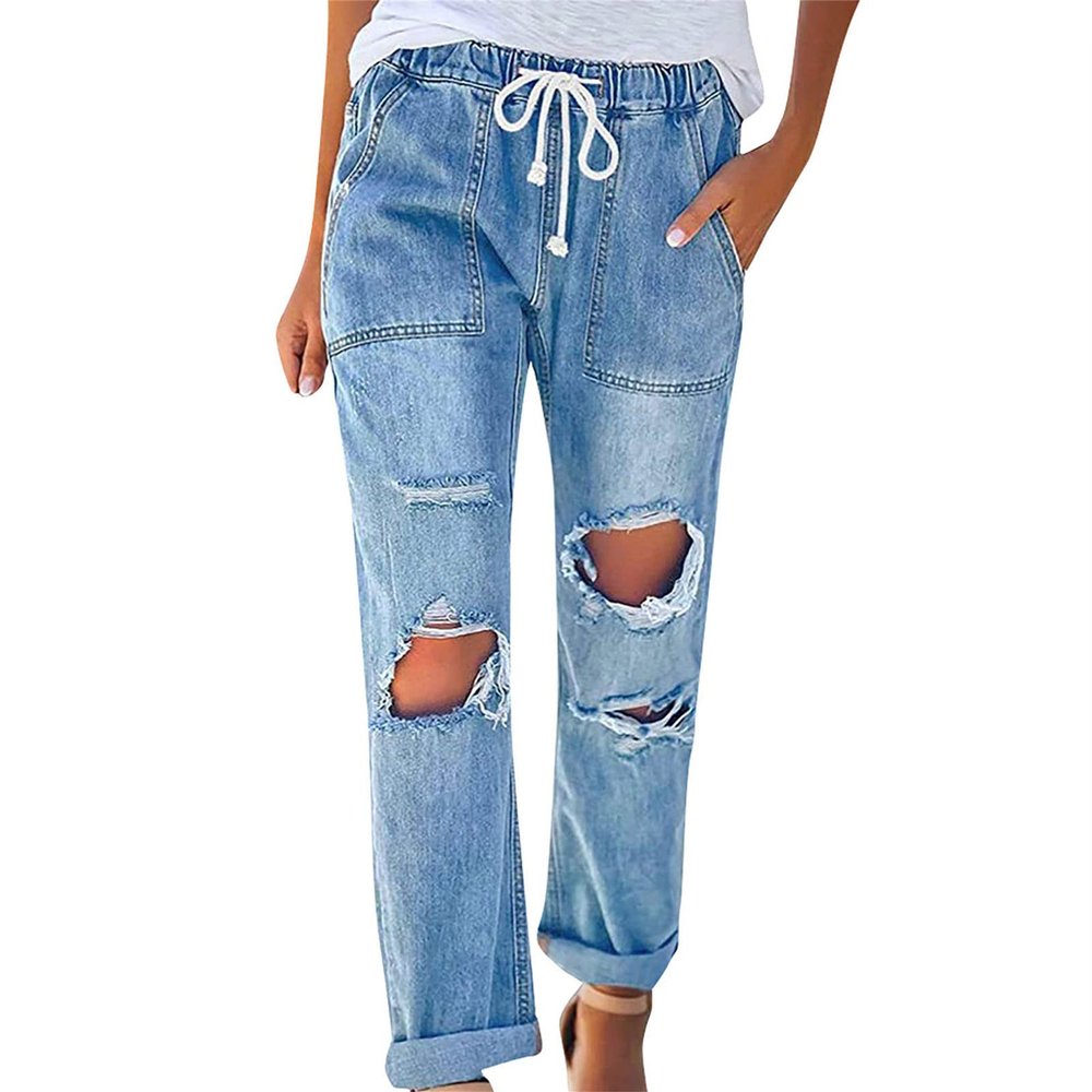 Maiyifu-GJ Women Pull On Distressed Denim Joggers Drawstring Elastic Waist Ripped Stretch Jeans Hole High Waist Stretch Pants (Blue,XX-Large)